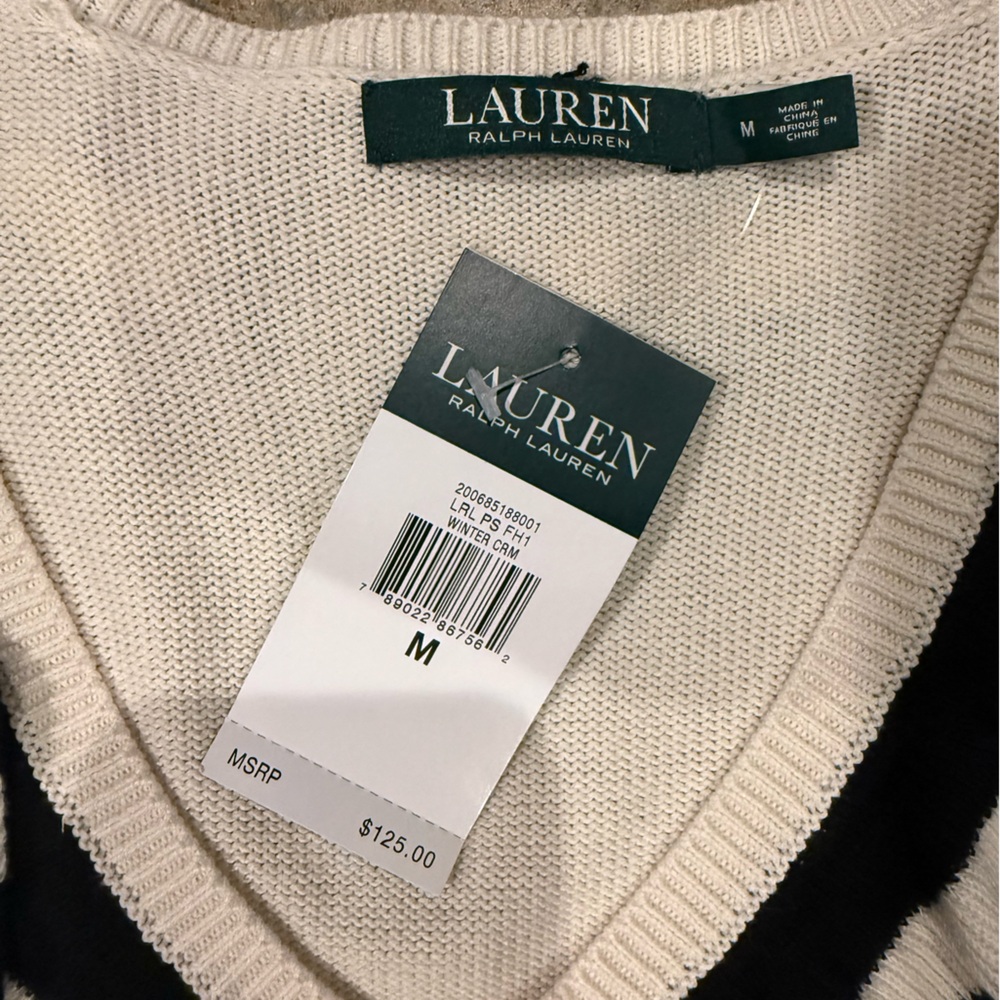 Lauren Ralph Lauren Knit Sweater Cream Navy Cotton Size M Preppy Coastal NWT - Picture 3 of 9